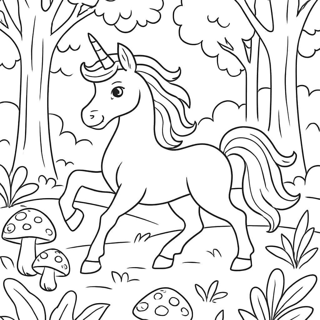 Unicorn Coloring Pages – Prancing Unicorn in Forest - Coloring Pages