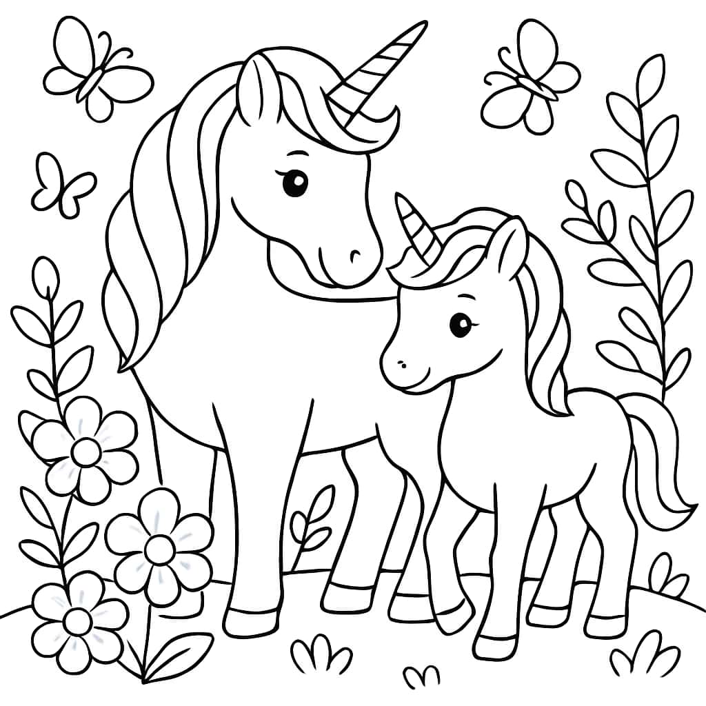 Unicorn Coloring Pages – Unicorn Family in Garden - Coloring Pages