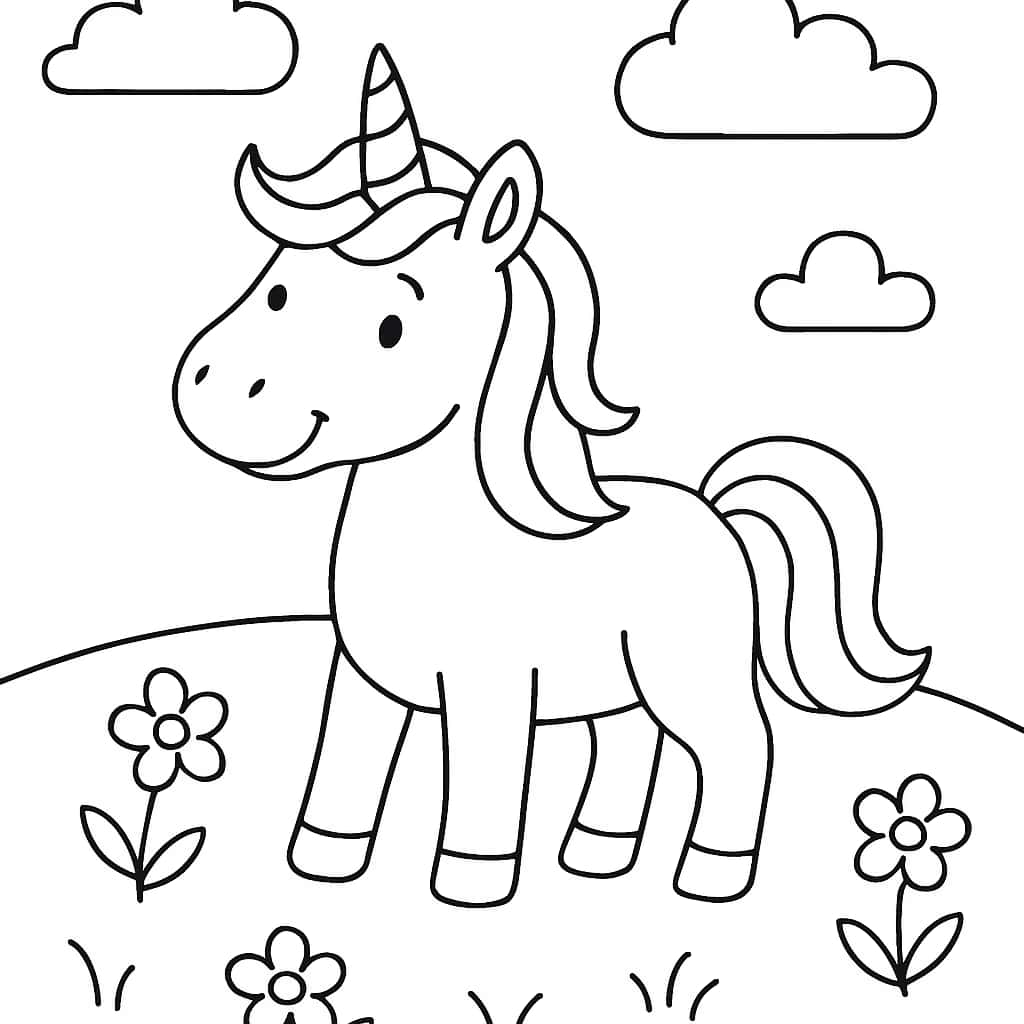 Unicorn Coloring Pages – Standing in Meadow for Kids - Coloring Pages