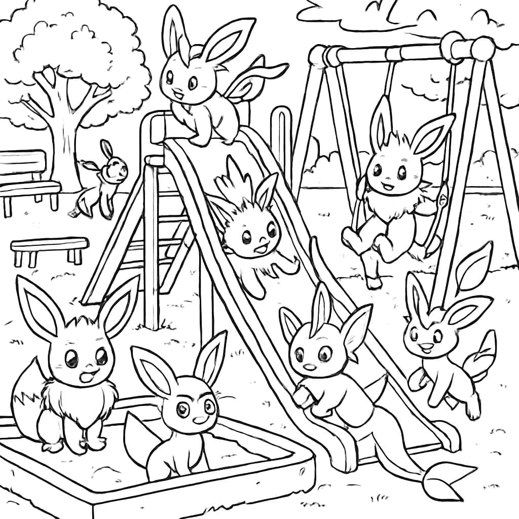 Pokemon Coloring Pages – Eevee Family at the Playground - Coloring Pages
