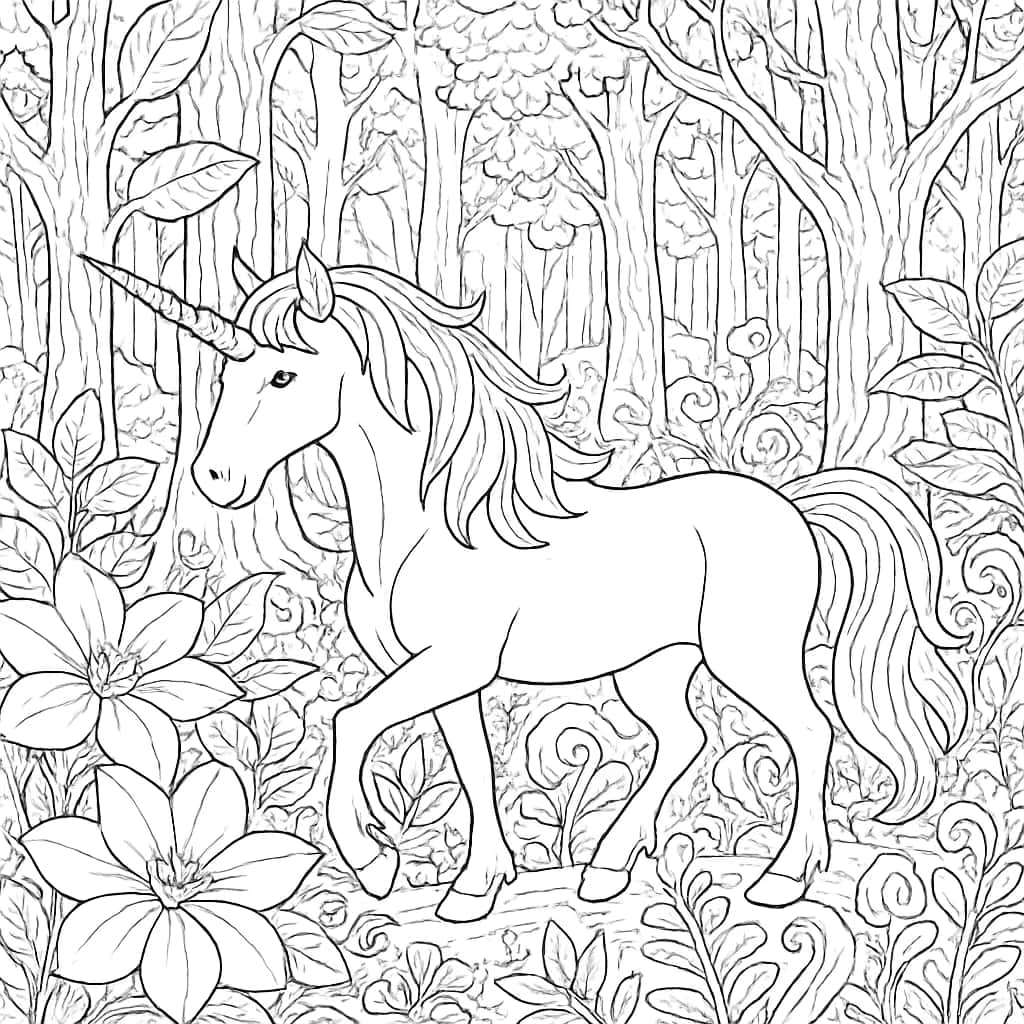 Unicorn Coloring Pages – Fantasy Forest Adult Printable - Coloring Pages